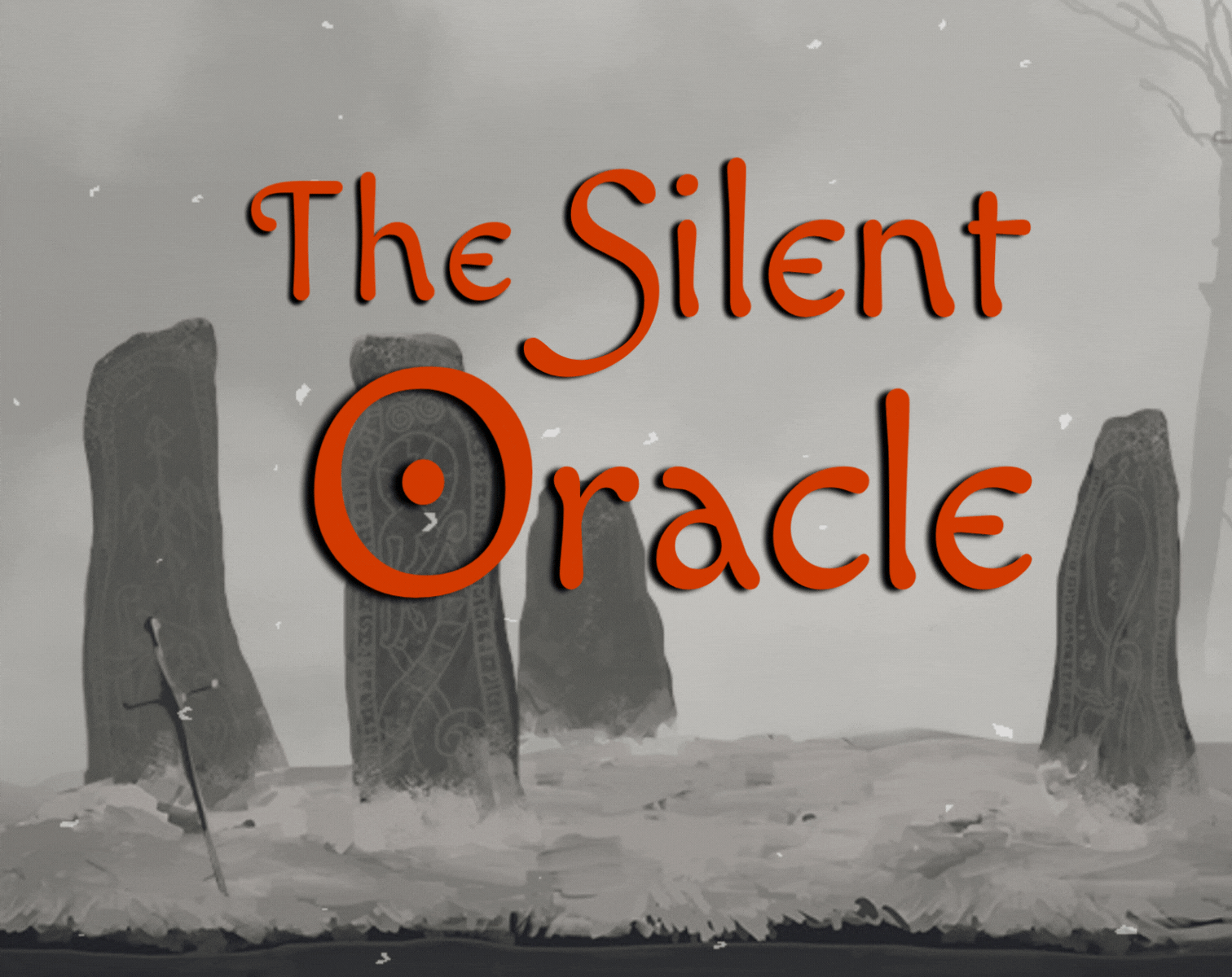 Large red letters reading "The Silent Oracle" sit in front of a monochrome background depicting Norse standing stones on a snowy hill. Each stone is engraved with curling patterns of runes, and just in front of the stones a metal sword has been stuck into