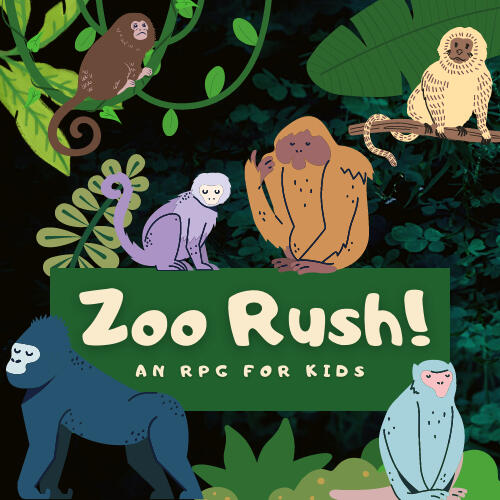 A green image depicting a lush rainforest. Several cartoon primates and monkeys hang from vines or sit contemplating their furry existences. Each primate is different bright shades of blue, purple, and yellow, with pink or brown faces. They're all extremel